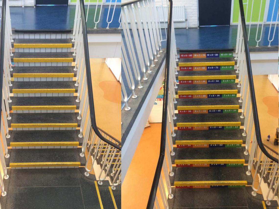 Jacobusschool vrolijkt oude trap op! bovenaanzicht jacobusschool hoogvliet tafels op de trap trapleren 